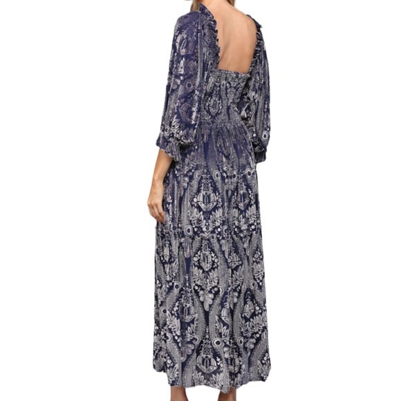 NWT Navy Silver Burnout Velvet Square Neck Smocked Midi Dress - Picture 3 of 3